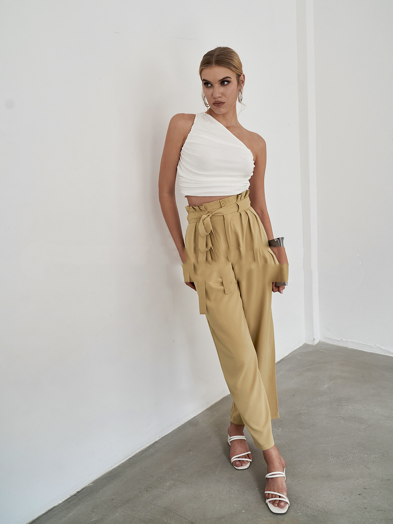 High Waist Straight Tube Trousers Cotton Beltless Brown