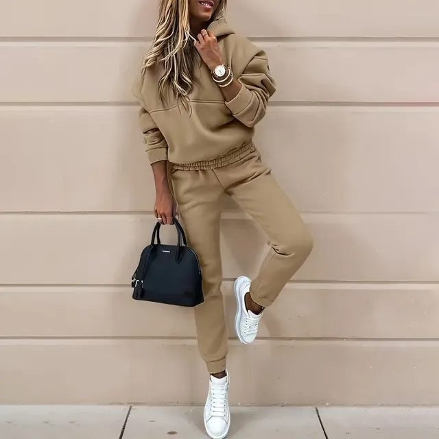 Women's Casual 2 Piece Tracksuit, Solid Color Hooded Sweatshirt And Slim Fit Jogger Pants For Autumn And Winter Brown - Shop at LoveMi