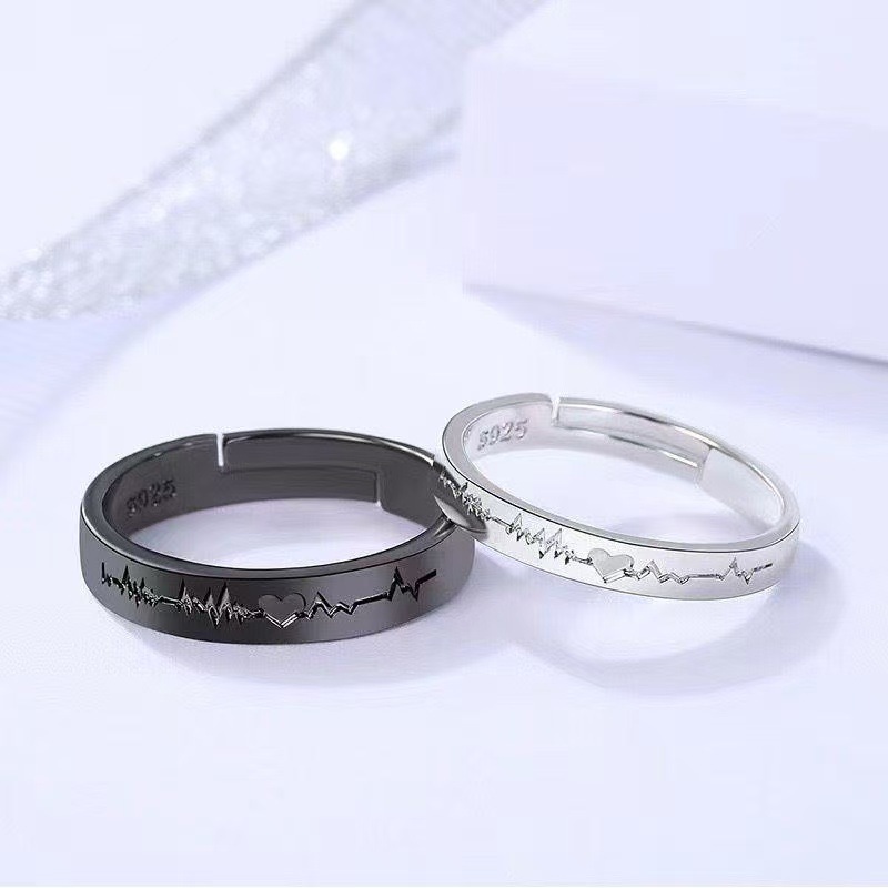 Minimalist Black White Heartbeat ECG Couple Rings Set, Student Matching Pair Adjustable Finger Rings Jewelry Gift Wholesale