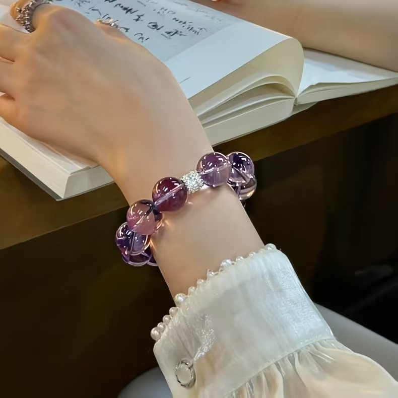 Natural Amethyst  Rose Quartz Bracelet Two Tone Beaded Chain Love Energy Jewelry For Women