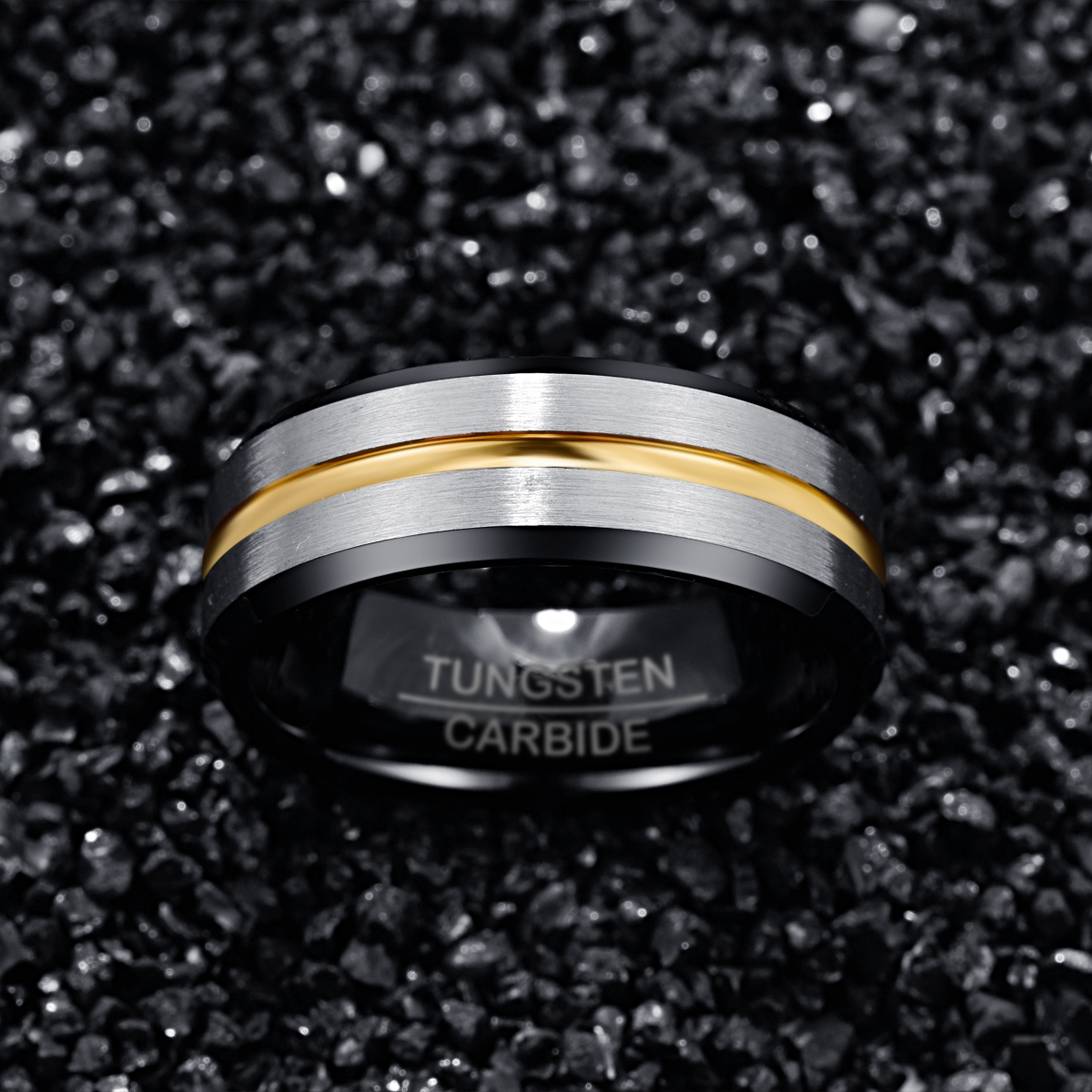 Men's Gold Channel Steel Color Frosted Tungsten Steel Ring