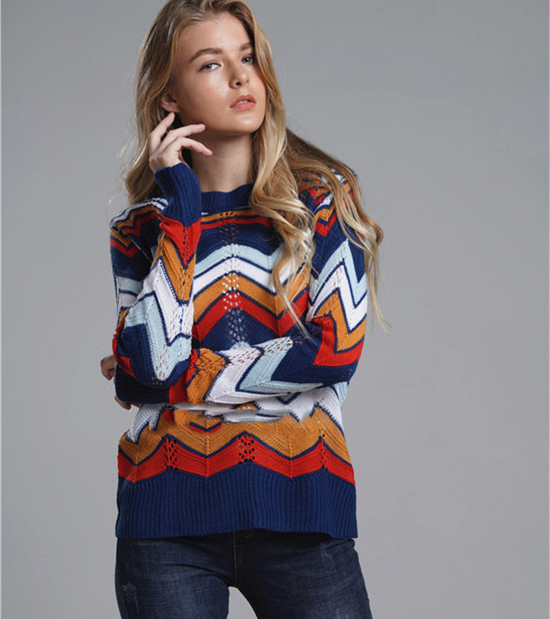 Title 5, Round Neck Sweater Pullover Striped Rainbow Blouse