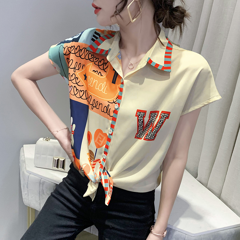 Title 4, Entertainment Graphic Print Lapel Chiffon Shirt