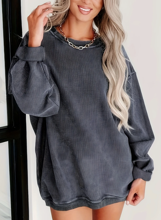 Solid Ribbed Pullover Sweatshirt