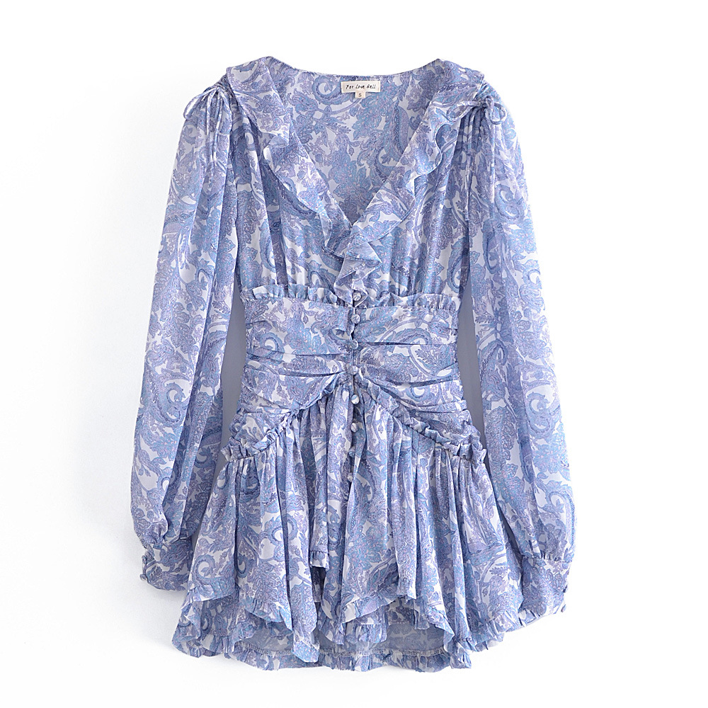 New European And American Retro Fairy Floral Long sleeved Dress Blue - Shop at LoveMi