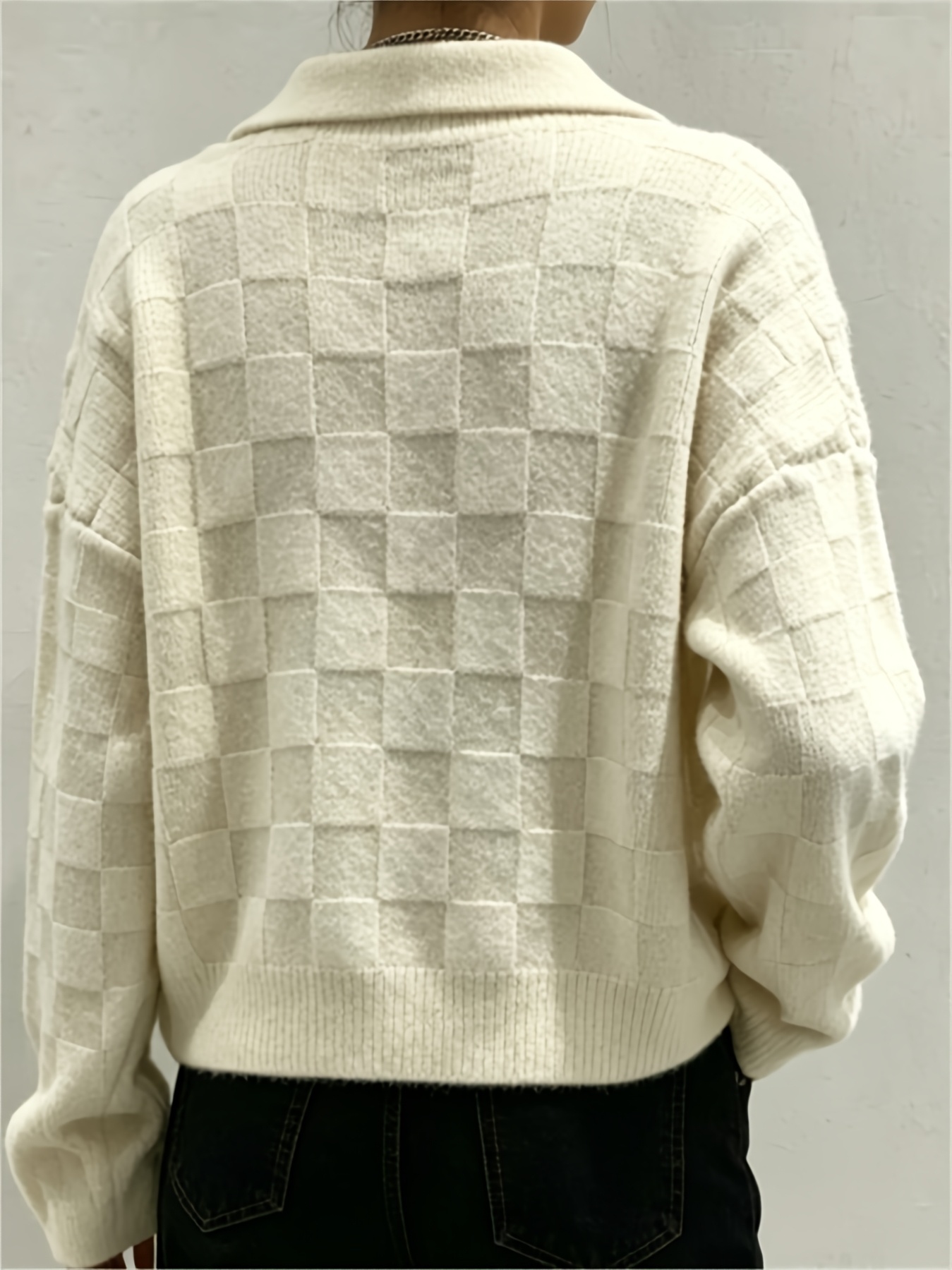 Off-White Checkerboard Texture Polo Collar Loose Long Sleeve Knit Sweater