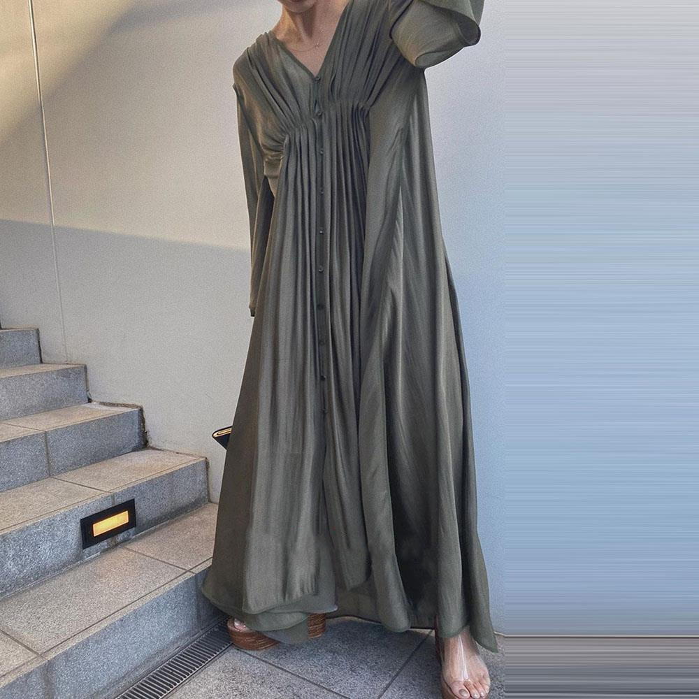 New Style V-neck Button 2way Gloss Big Hem Dress Long Dress