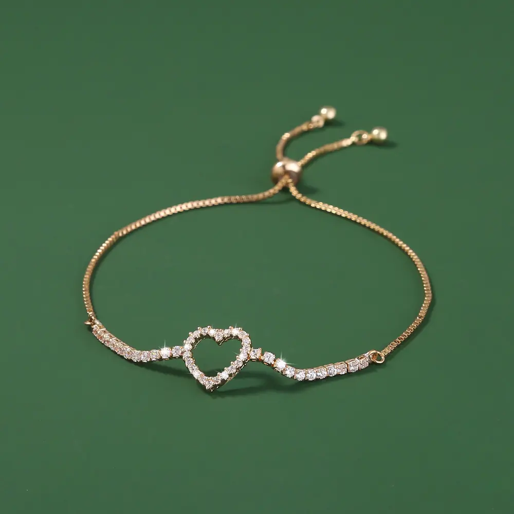 Gold Heart Brass Micro-Set Zircon Pendant Shrink-Pull Brass Bead Bracelet