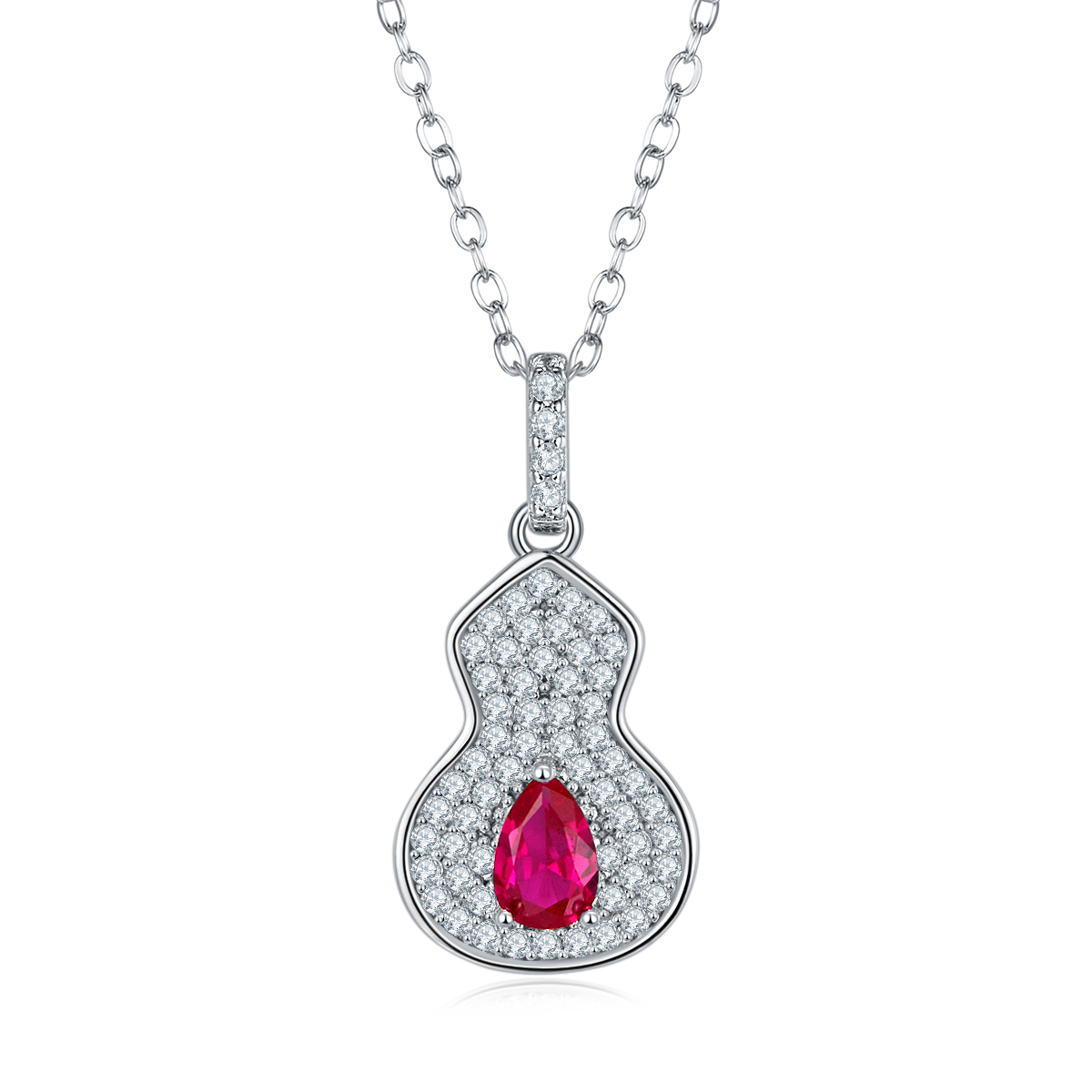 S925 Silver 2.5g 0.5ct Lab-Created Ruby Necklace, 4mm Gourd Pendant, 40&5cm