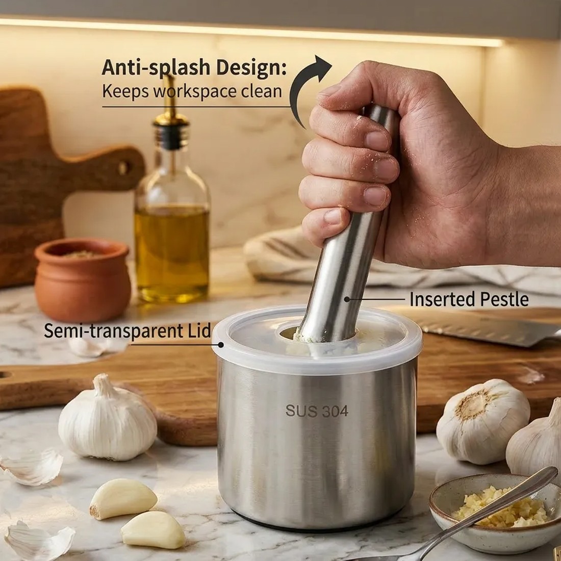 Steel Garlic Mortar And Pestle-Manual Crusher & Grinder For Herbs & Spices — image 4