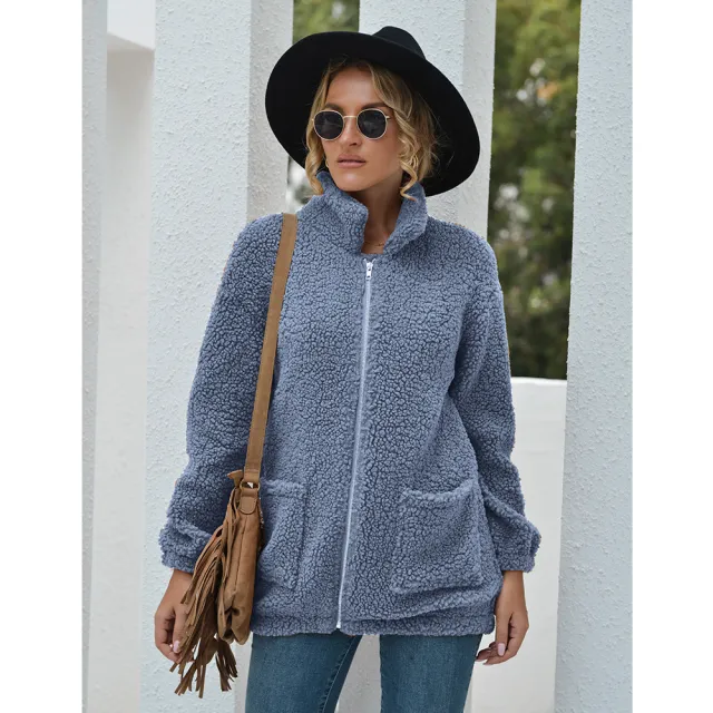Warm Plush Jacket Women's Zipper Long Sleeve Grey - Shop at LoveMi
