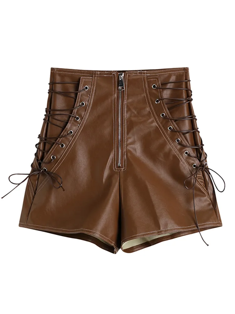 Women's Retro High-waist Lace-up Waist PU Leather Shorts - Coffee