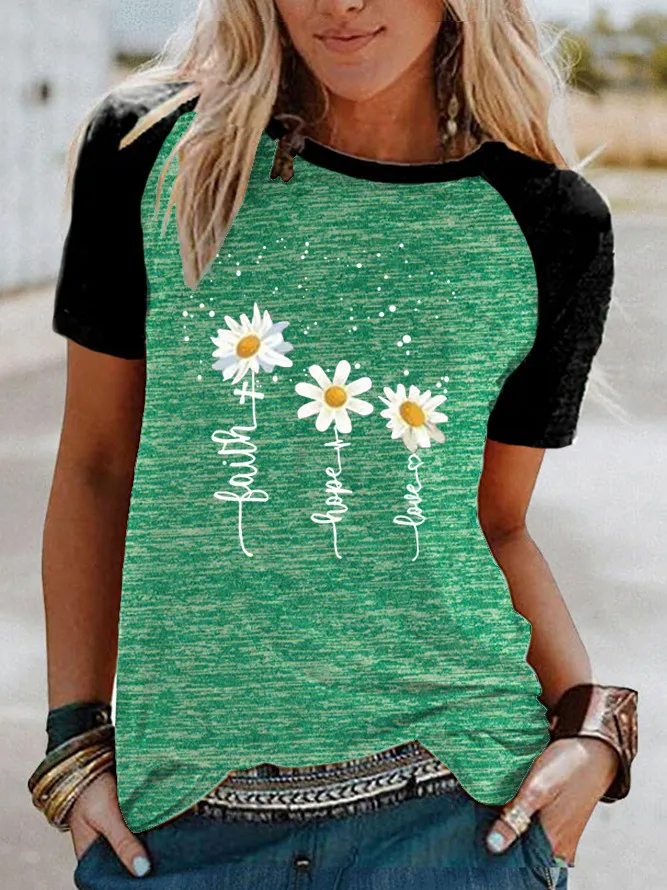 Three Little Daisies Print Short-sleeved T-shirt - Green
