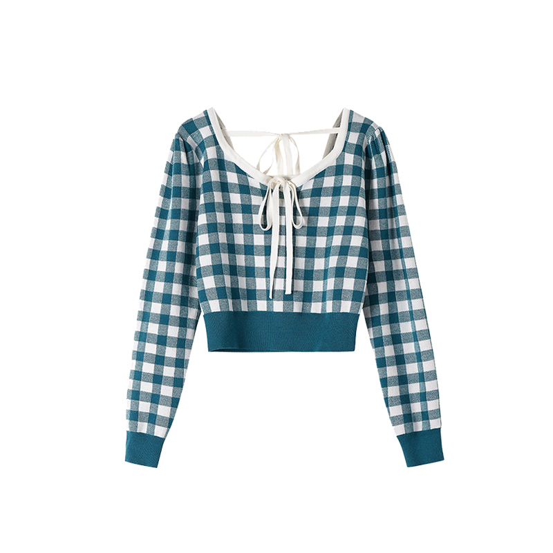 Women's Long Sleeve Thin Plaid Knitted Top With Bow