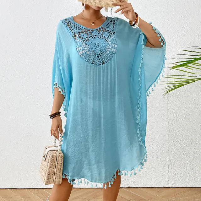 Sexy Tassel Trim Crochet Cover Up Women's Solid Color Beachwear, Summer Round Neck Boho Fashion Dress Ice Blue - Shop at LoveMi