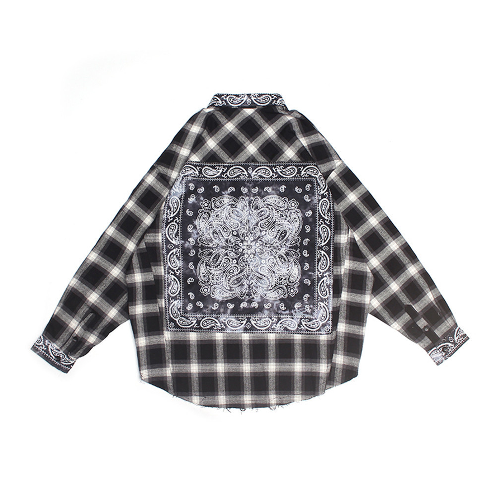 Cashew Flower Applique Raw Edge Long Sleeve Shirt Men