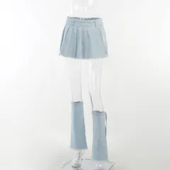 Fashion Casual Versatile Denim Pleated Skirt - Blue - View 1
