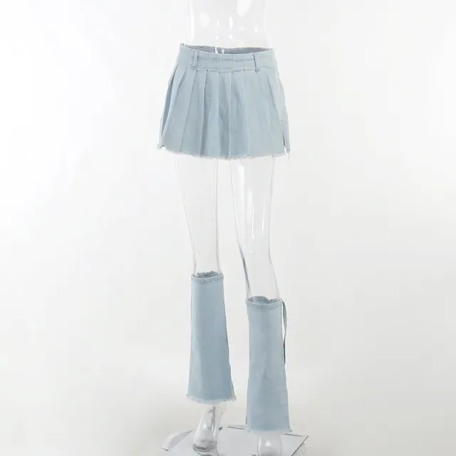 Fashion Casual Versatile Denim Pleated Skirt Blue - Shop at LoveMi