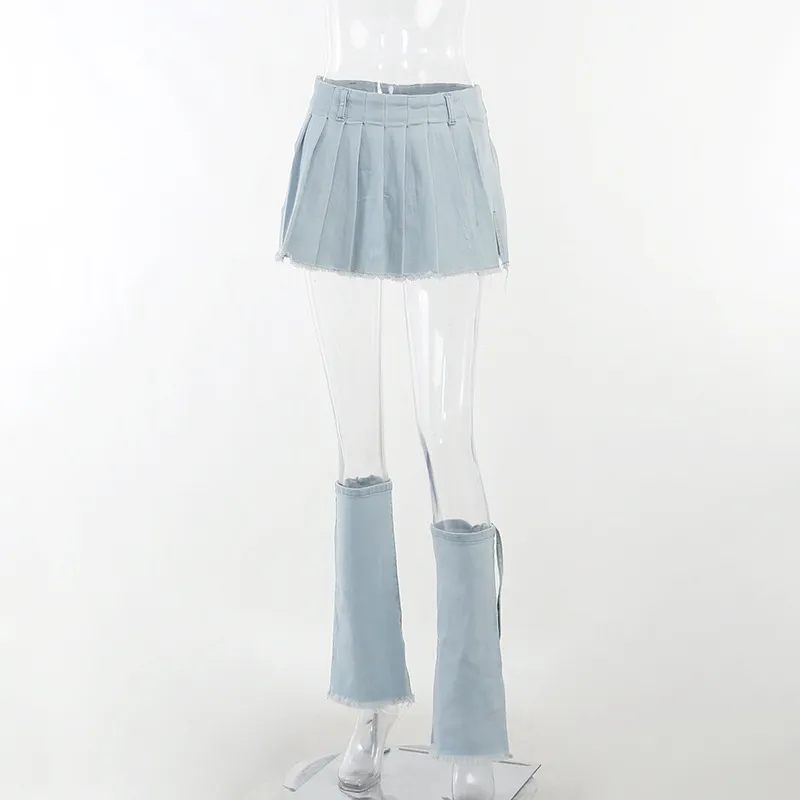 Fashion Casual Versatile Denim Pleated Skirt - Blue