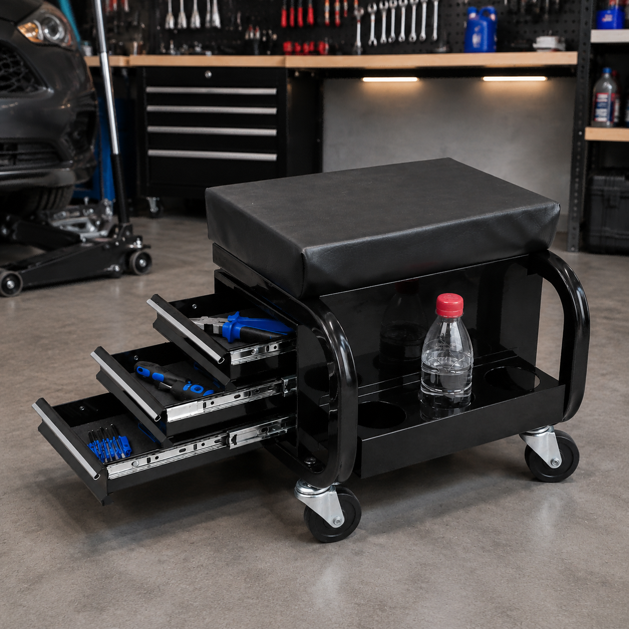 Rolling Garage Stool With 3 Drawers, Heavy Duty Mechanic Seat With Padded Vinyl Cushion, Tool Storage Cart, 350 Lbs Capacity thumbnail 4