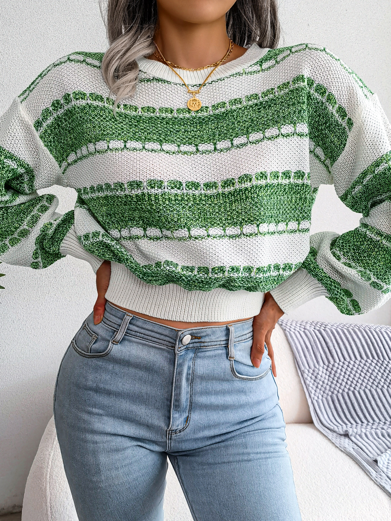 Women Fashion Color Block Long Sleeve Knit Sweater