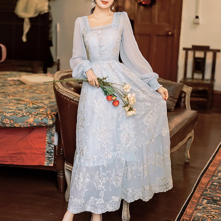 Embroidered Chiffon Long Sleeve Dress, picture 5 of 9