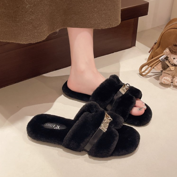 2026 Toamnă-Iarnă: Cataramă de curea minimalistă la modă, papuci cu blană în stilul influencerilor, pentru femei; încălțăminte casual pentru exterior, cu