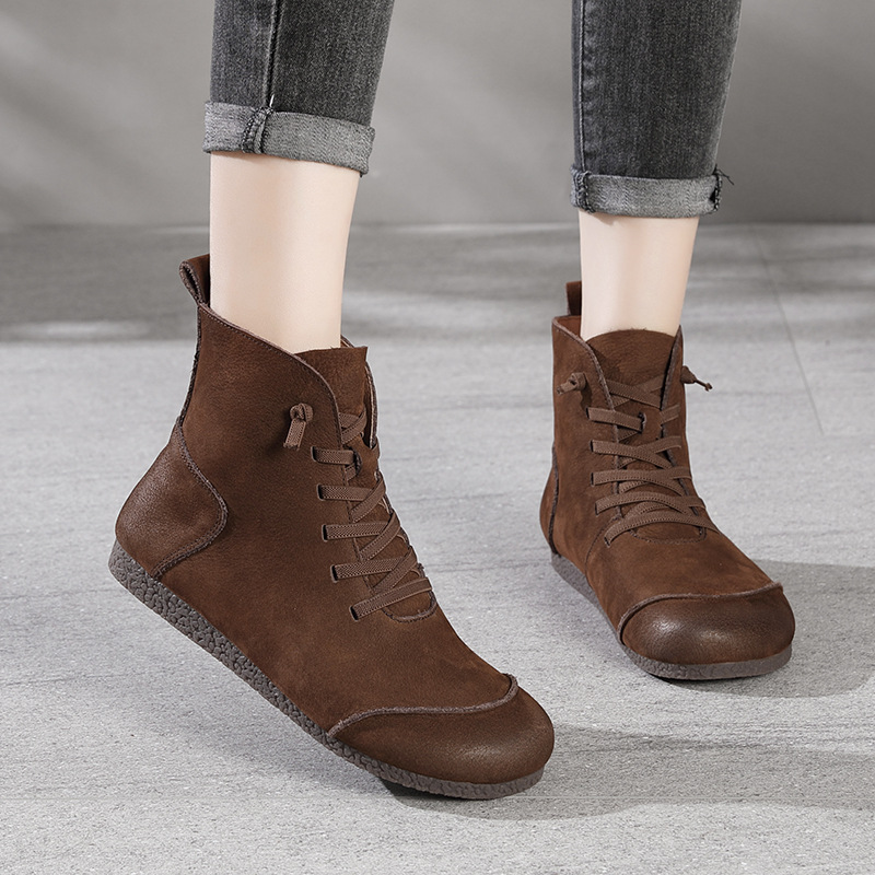 New Retro Leather High-top Women's Boots With Round Head Stitching