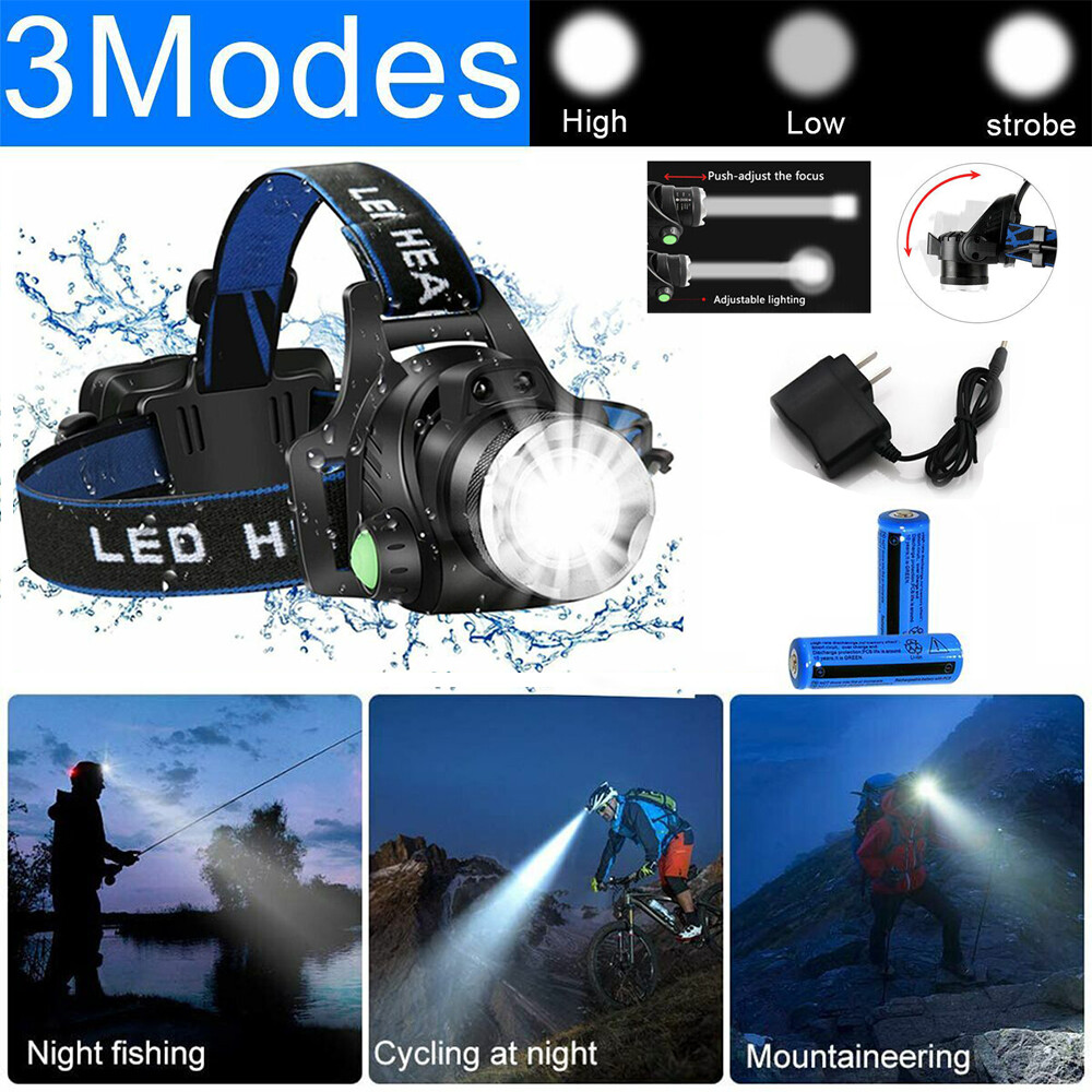 LED Headlamp Rechargeable Head Torch Zoom Headlight Super Bright Flashlight 3 Modes Work Light