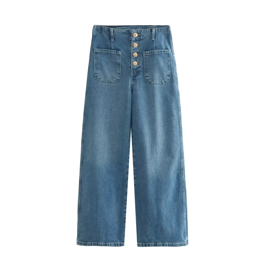 European Style High-waisted Baggy Wide-leg Capri Jeans - Blue