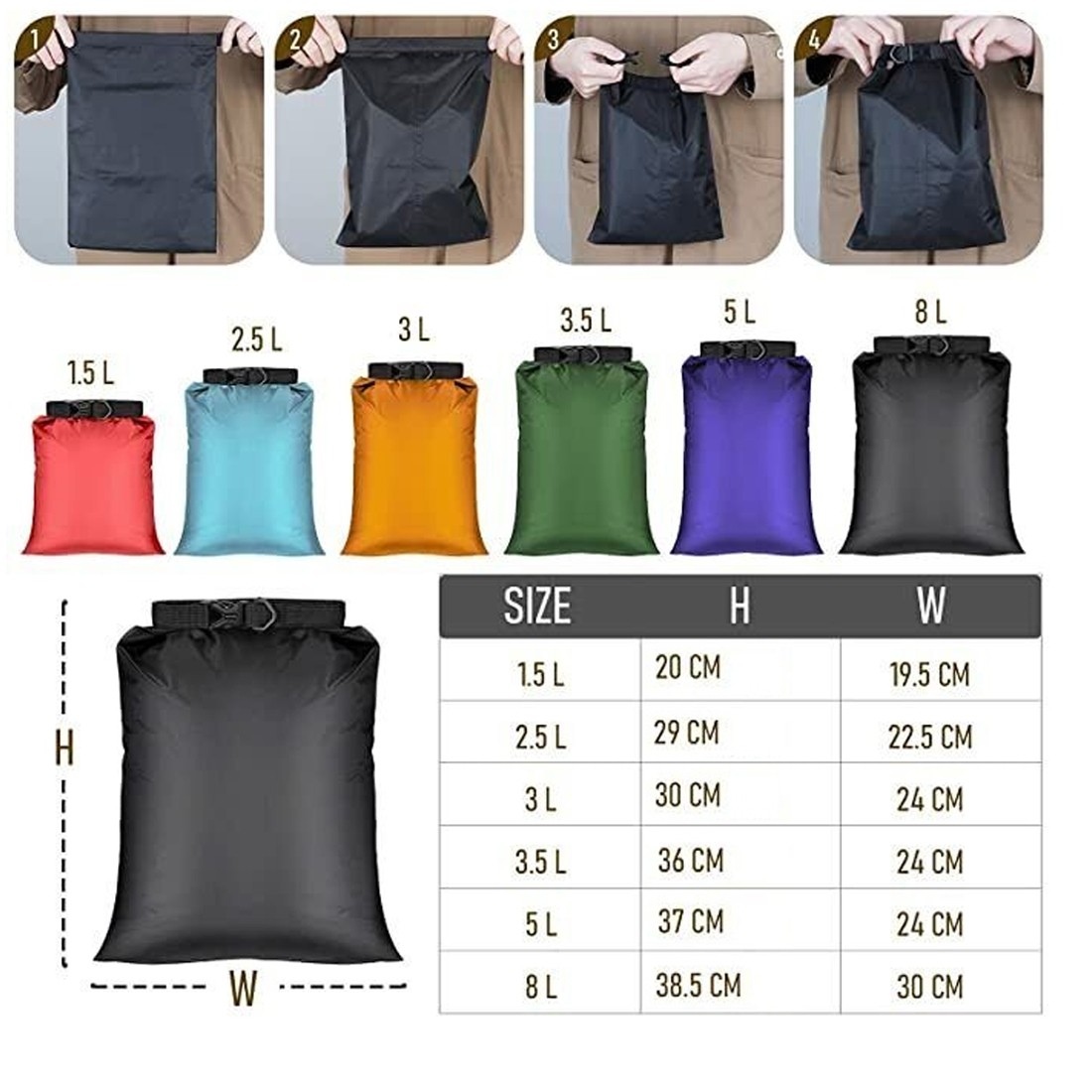 6Piece Waterproof Dry Bag Set Lightweight Rolltop Sacks For Kayaking Camping — image 10