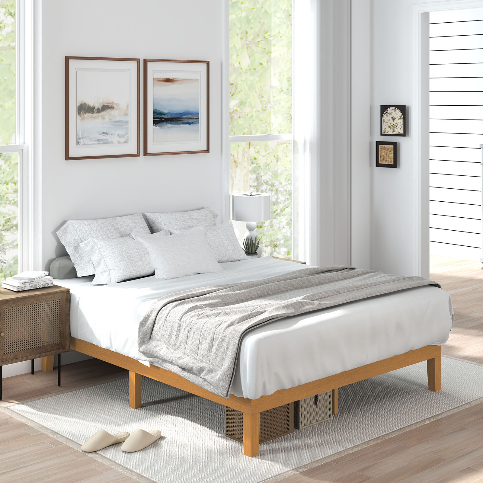 No Need For A Mattress Core. Wooden Platform Bed Frame, With Support Crossbars, And A Mattress Base Made Of Natural Pine Wood.