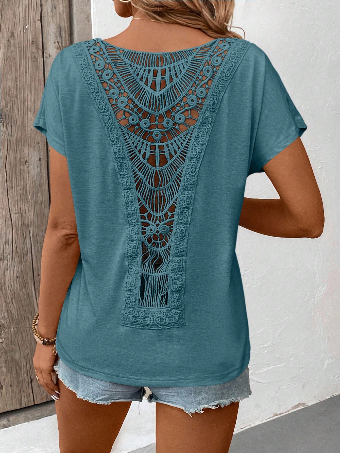 Neck Lace Patchwork Summer Short Sleeve T-Shirt