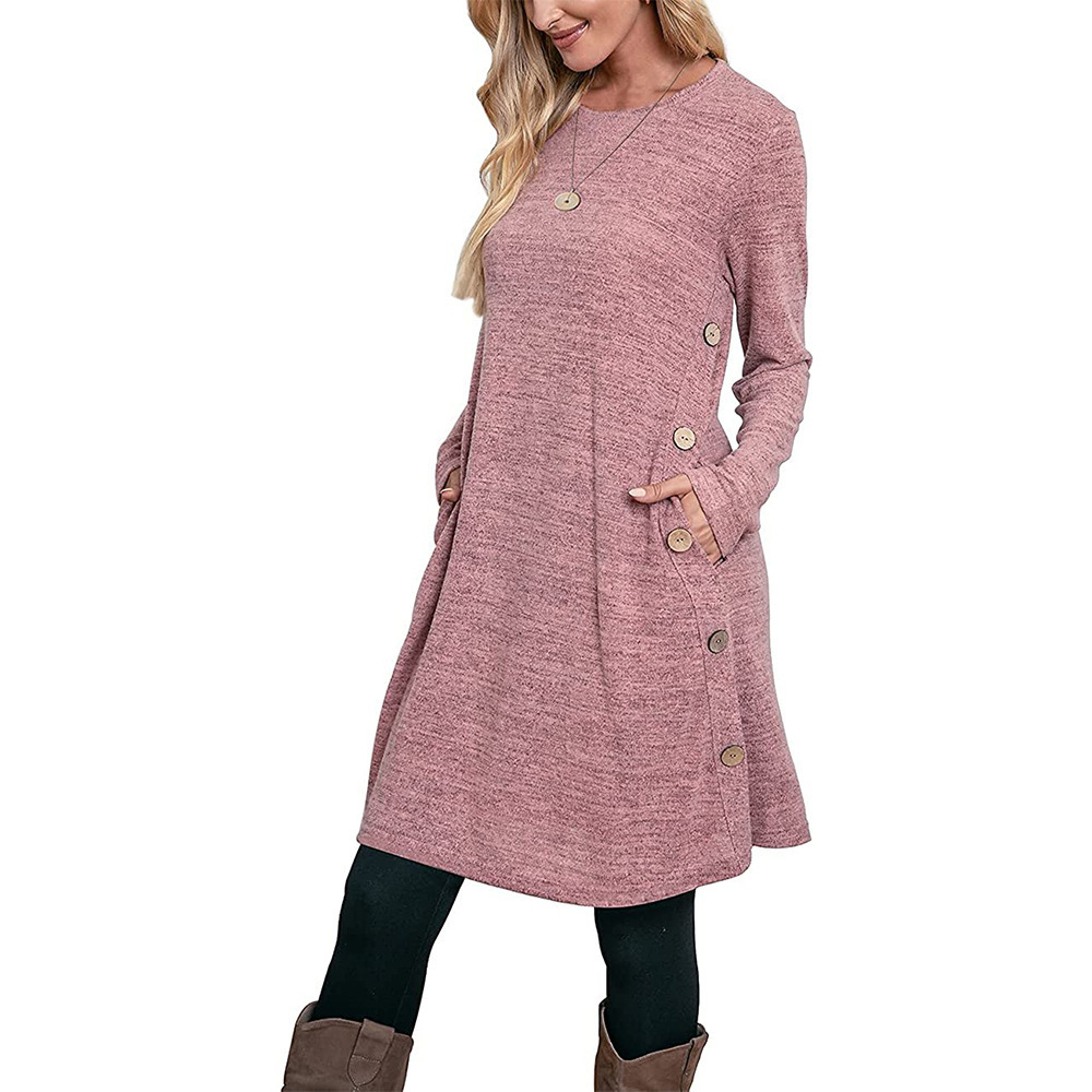 Colored Cotton Knitted Long sleeved Buttoned Pocket A line Fashion Dress Pink - Shop at LoveMi