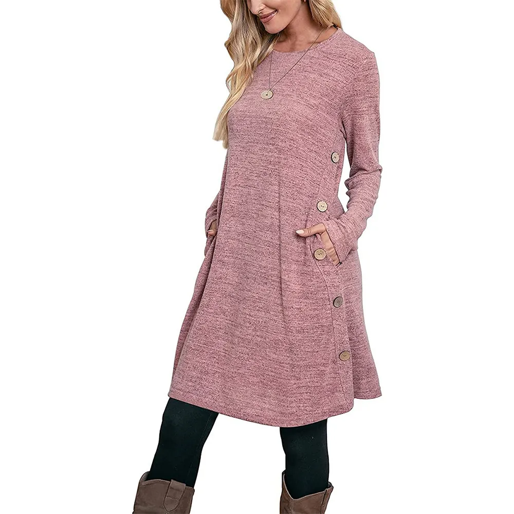 Colored Cotton Knitted Long-sleeved Buttoned Pocket A-line Fashion Dress - Pink