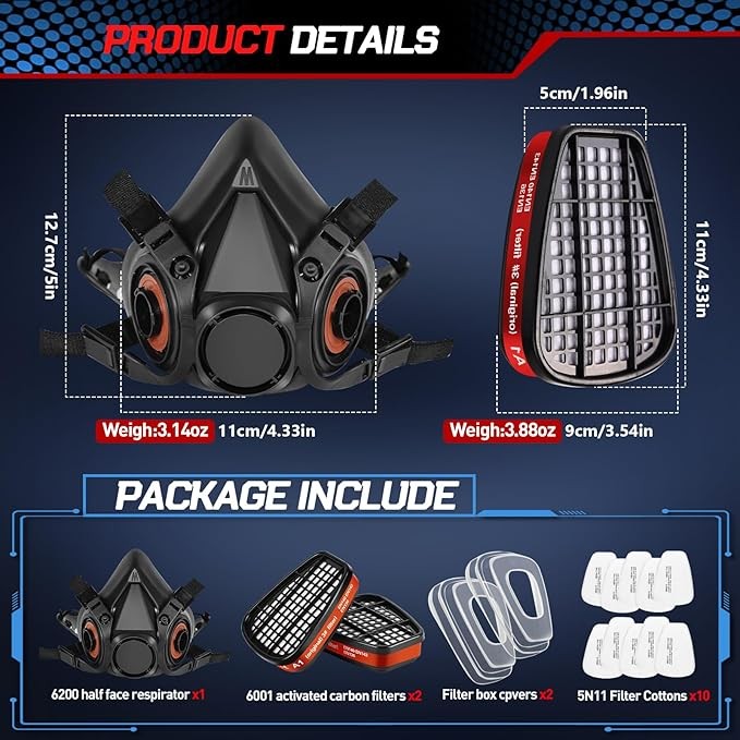 6001 Half-face Respirator, Gas Mask, Dust Mask, Painting Mask With Replaceable Filter — foto 7