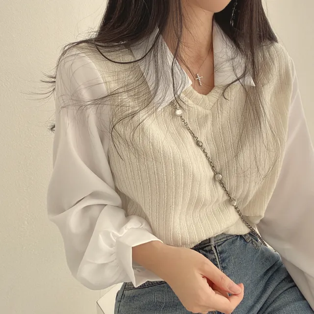 French Retro Fashion Knitted Fake Two Pieces Stitching Short Shirt Female Apricot - Shop at LoveMi