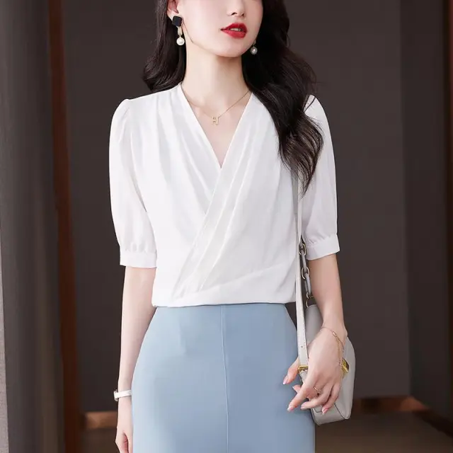 New Women's Fashionable Temperament V neck Shirt Top White - Shop at LoveMi