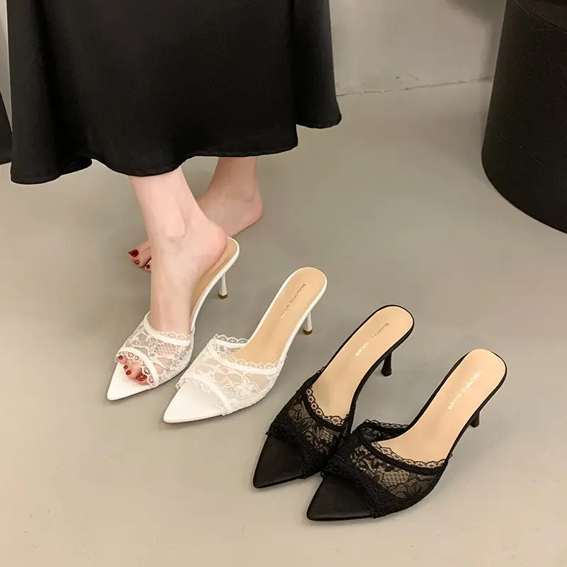 Women Romantic Floral Scalloped Lace Trim Stiletto