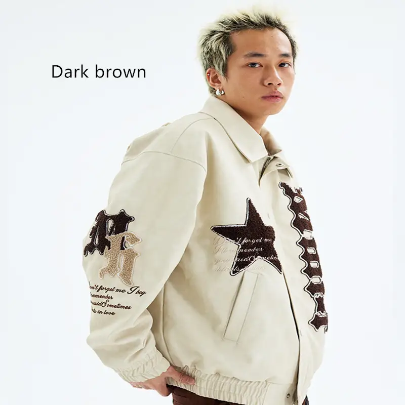 Badge Flying Leather Jacket Men's Embroidery Stand Collar Coat