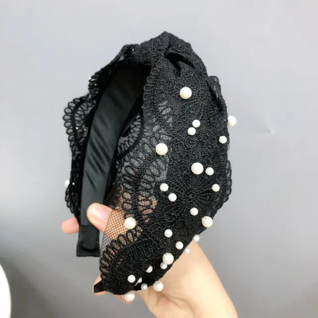 Ladies Buckle Pearl Lace Knotted Headband Big Black Flower - Shop at LoveMi