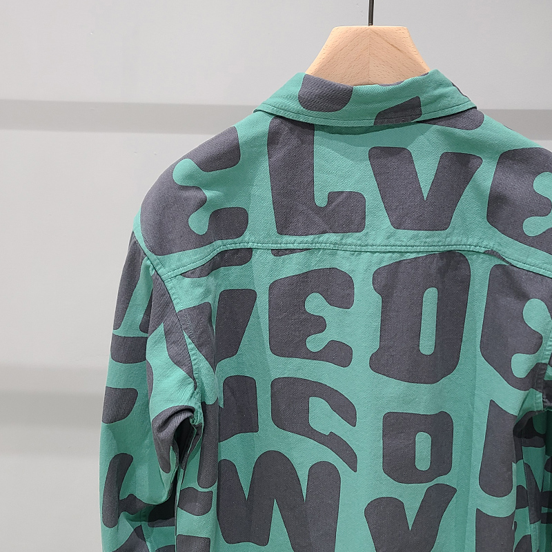 Men's Fashion Letter Print Cotton Long Sleeve Shirt Jacket