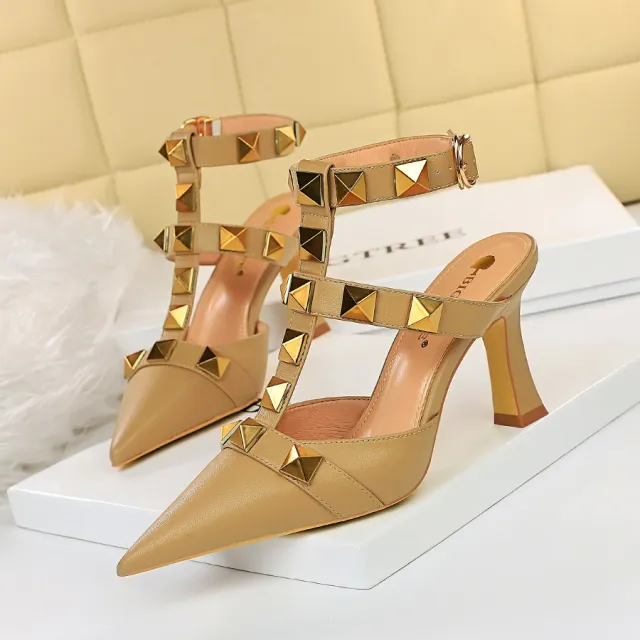 Women's Vintage Summer Stud Roman Style High Heels Khaki - Shop at LoveMi