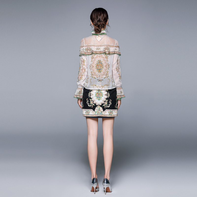 Stand Collar Bow Print Long Sleeve Chiffon Shirt Hip Skirt Two Piece Set