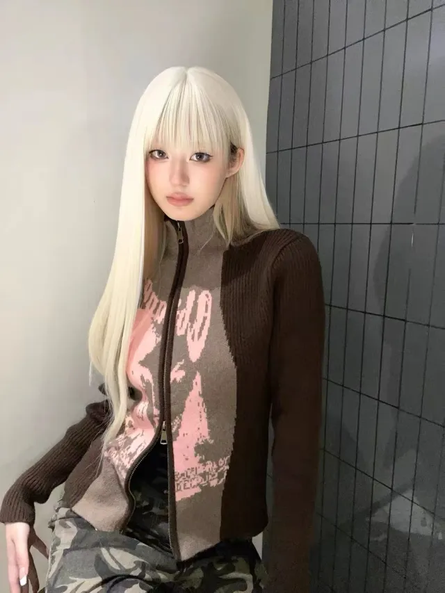 Women's Jacquard Knitted Sweater Zipper Cardigan Outerwear Brown - Shop at LoveMi