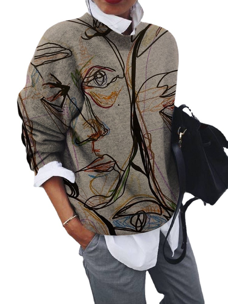 Women's Fashion Brushed Portrait Printed Loose Long Sleeve Top