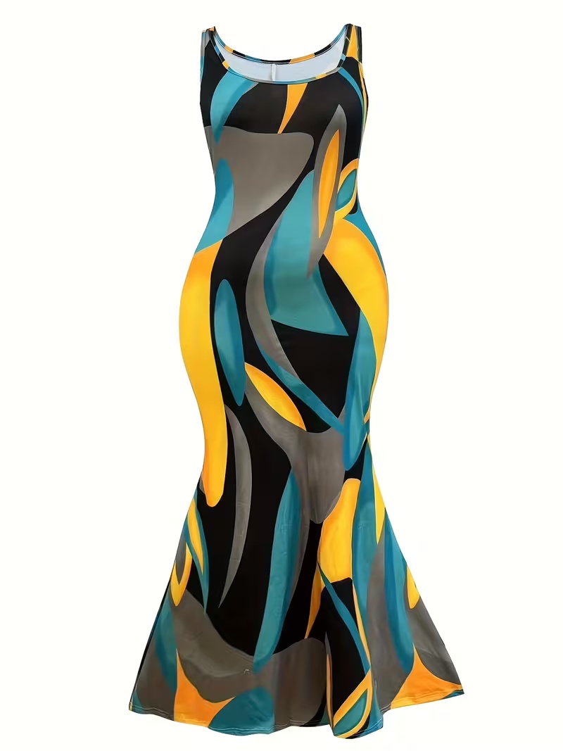 Plus Size Summer Women&rsquo;S Stylish Color-Blocked Printed Sleeveless Dress With Rou