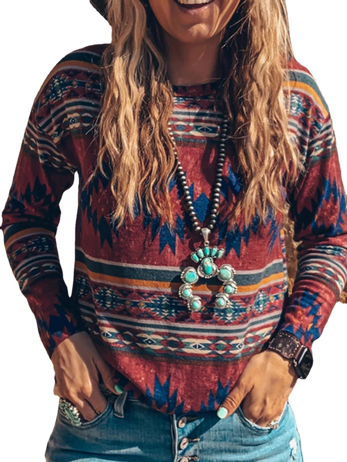 Title 4, Retro Geometric Print Pullover Round Neck Loose...