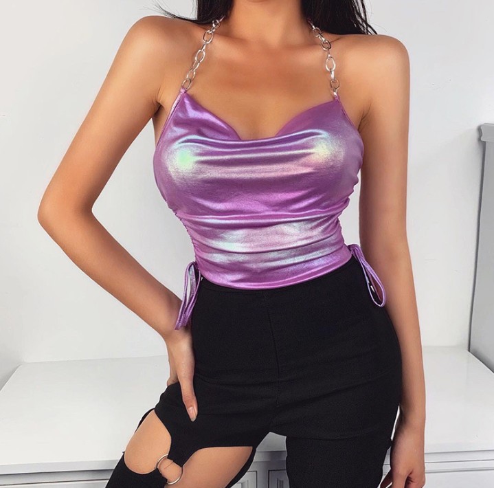 Summer Pleated Hanging Neck Chain Sling Vest