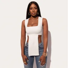 Women's Fashion Design Sense Square Neck Slim Temperament Sleeveless T-shirt - White - View 1